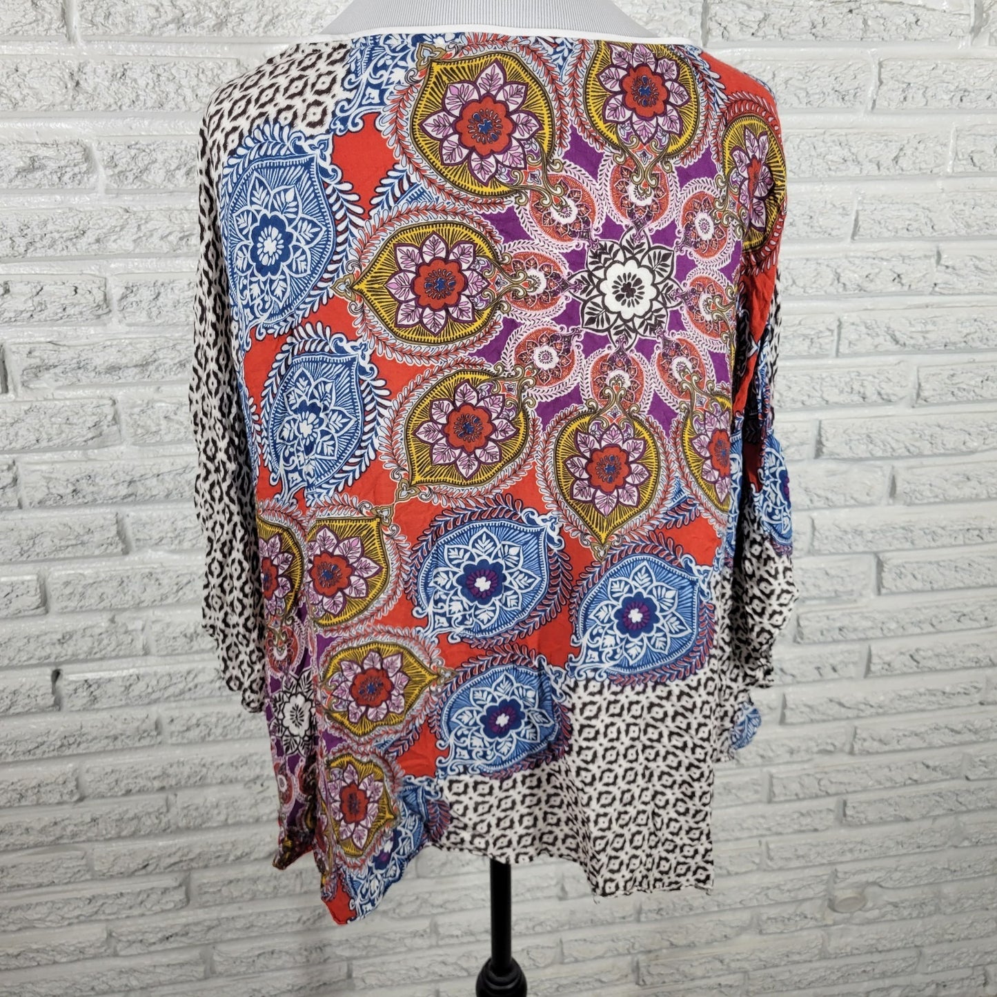 Chico's Women's L/XL Red Blue Geometric Semi-Sheer Rayon Blouse Top Round Neck