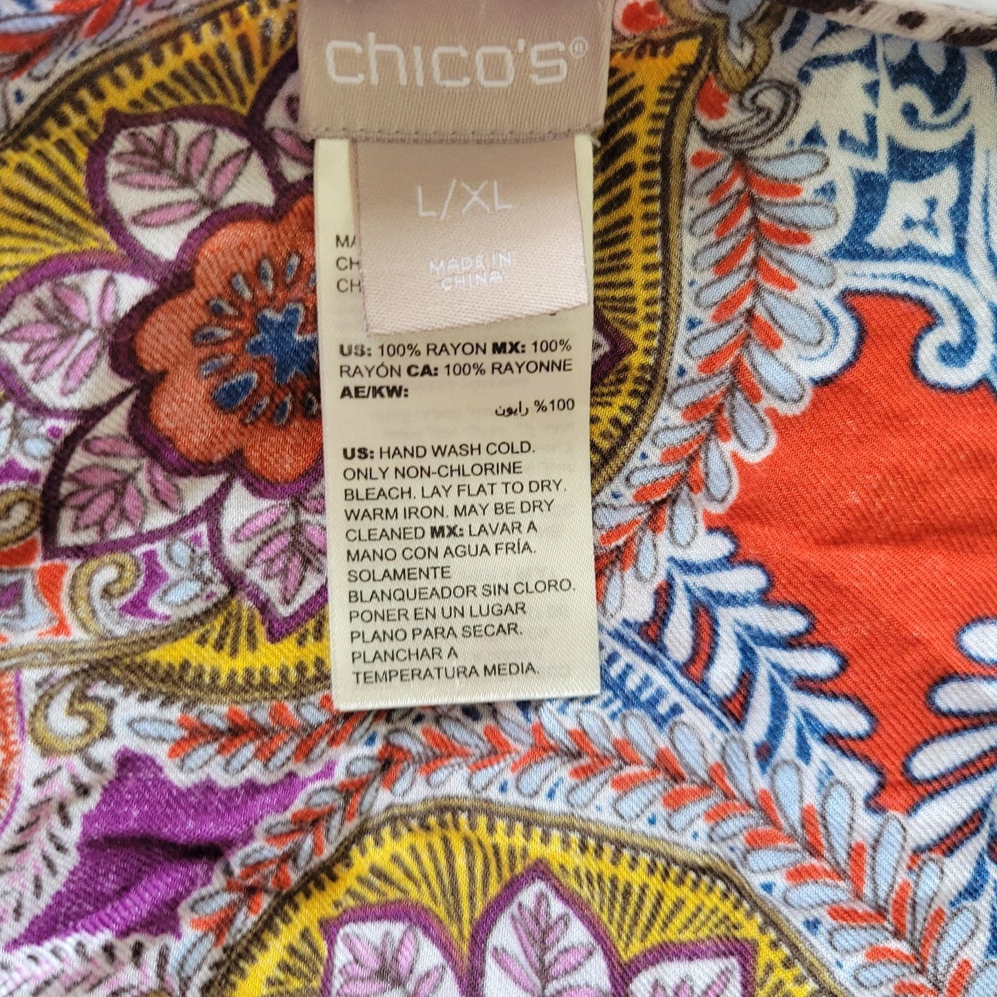 Chico's Women's L/XL Red Blue Geometric Semi-Sheer Rayon Blouse Top Round Neck