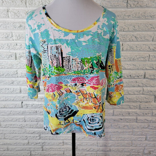 Palm Grove Women Top 1X Plus 3/4 Sleeve Blue Beach Scape Lightweight Rhinestones