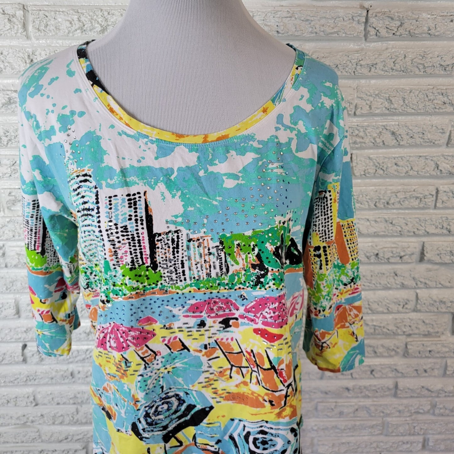 Palm Grove Women Top 1X Plus 3/4 Sleeve Blue Beach Scape Lightweight Rhinestones