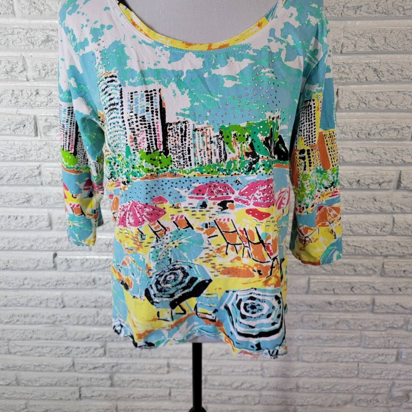 Palm Grove Women Top 1X Plus 3/4 Sleeve Blue Beach Scape Lightweight Rhinestones