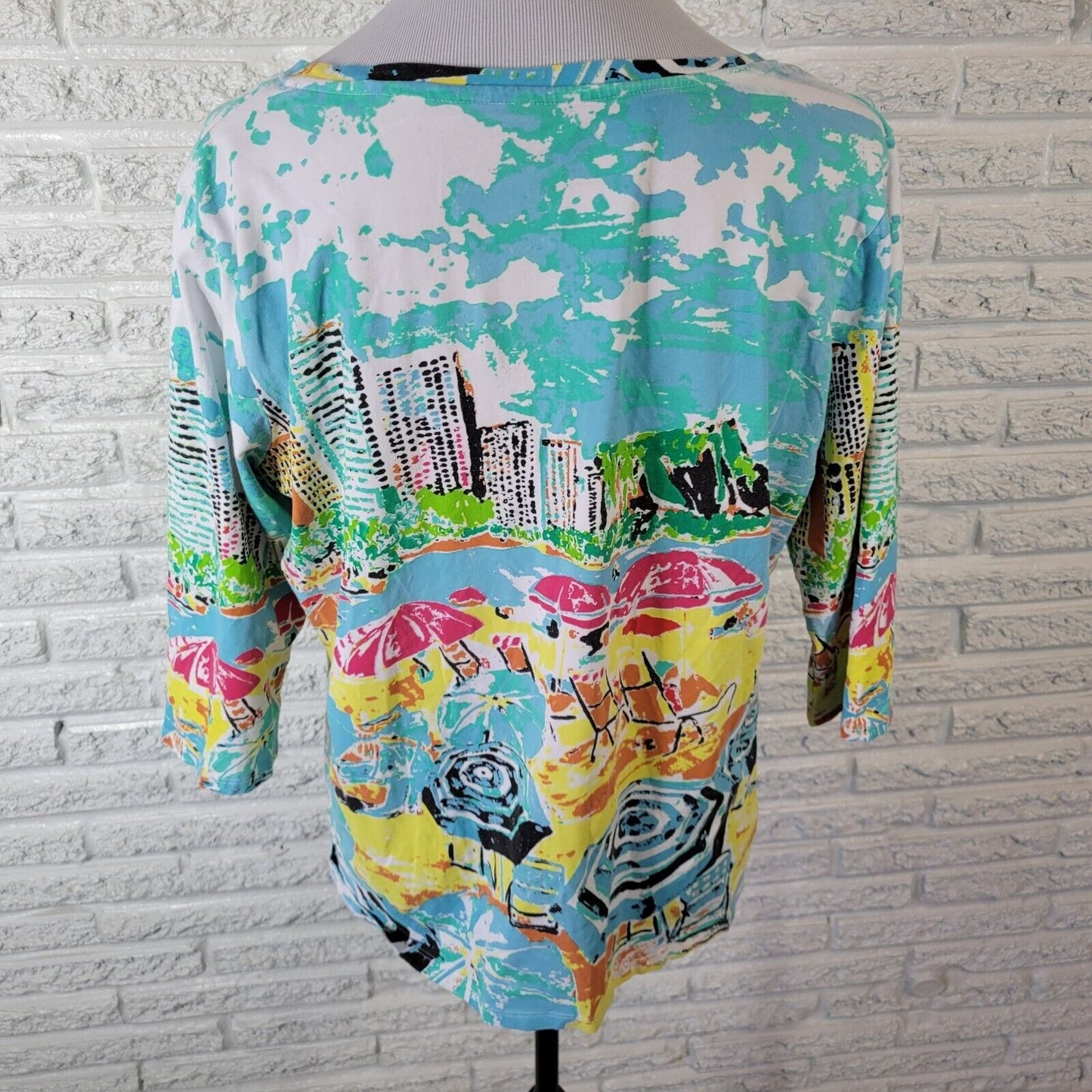 Palm Grove Women Top 1X Plus 3/4 Sleeve Blue Beach Scape Lightweight Rhinestones