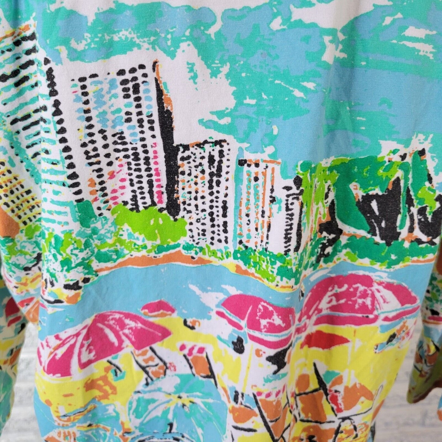 Palm Grove Women Top 1X Plus 3/4 Sleeve Blue Beach Scape Lightweight Rhinestones