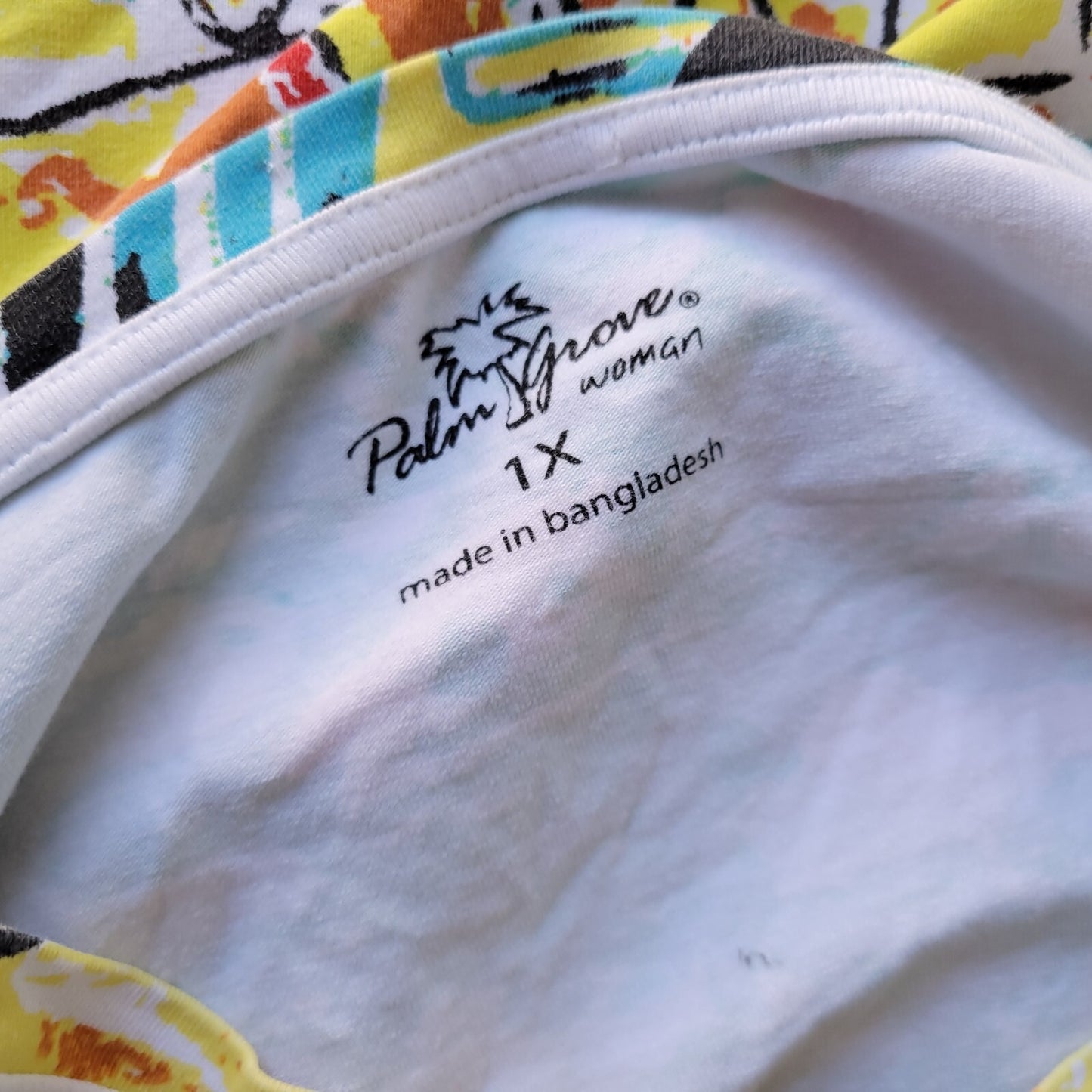 Palm Grove Women Top 1X Plus 3/4 Sleeve Blue Beach Scape Lightweight Rhinestones