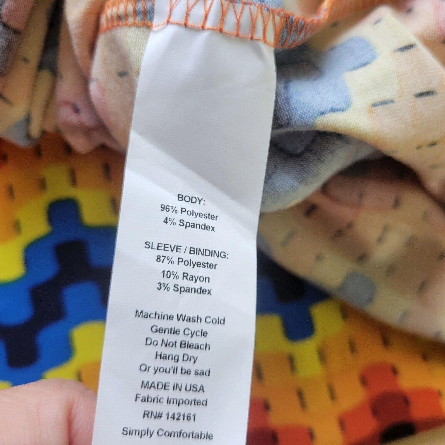 Lularoe Women Top Extra Large Tee 3/4 Raglan Sleeve Blue Yellow Geometric Pixel