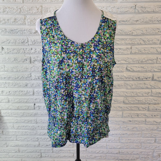Izod Womens Top Extra Large Blue Floral Crochet Shoulder Casual Lightweight