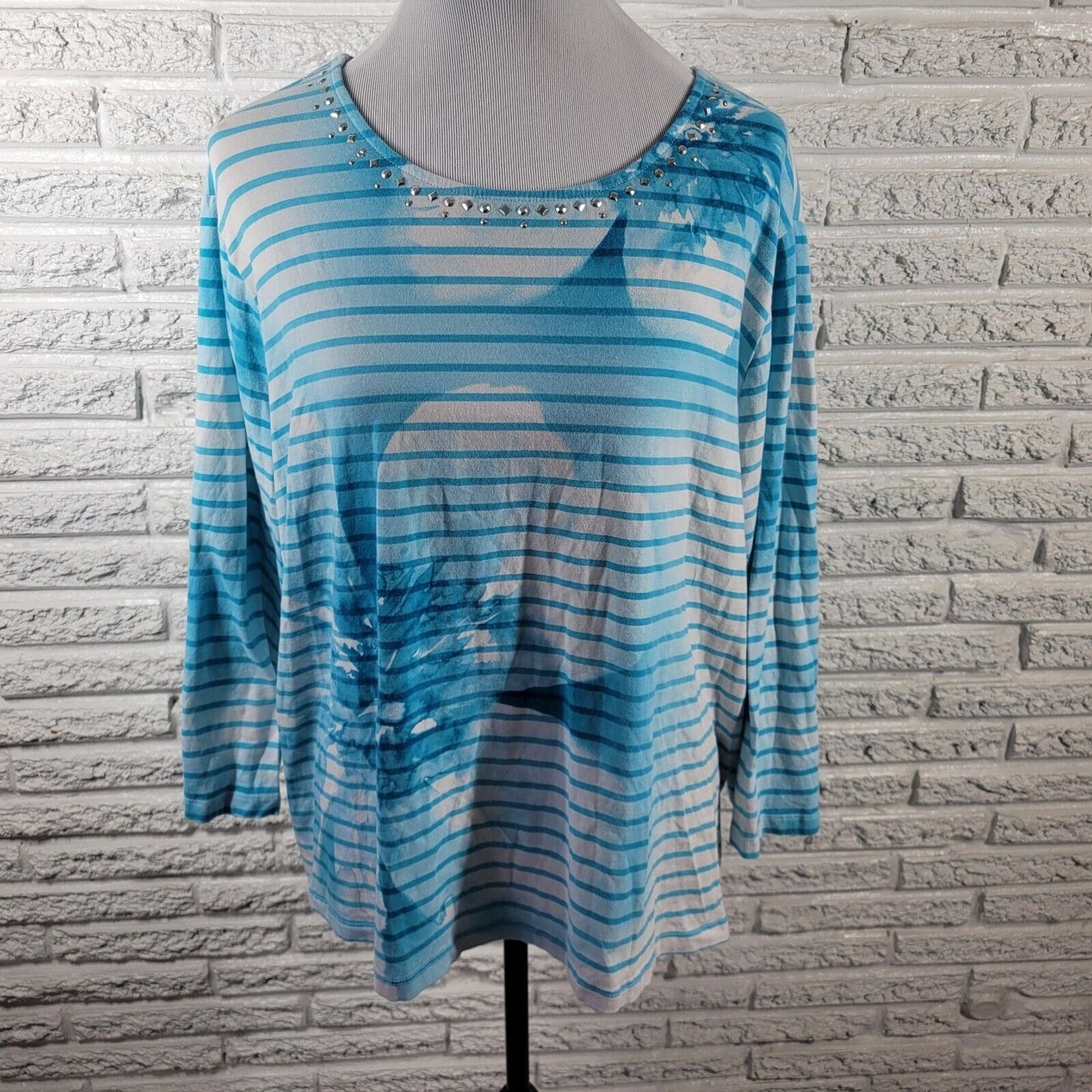 Alfred Dunner Womens Top 2X Plus long Sleeve Blue Stripe Studded Cotton Blend