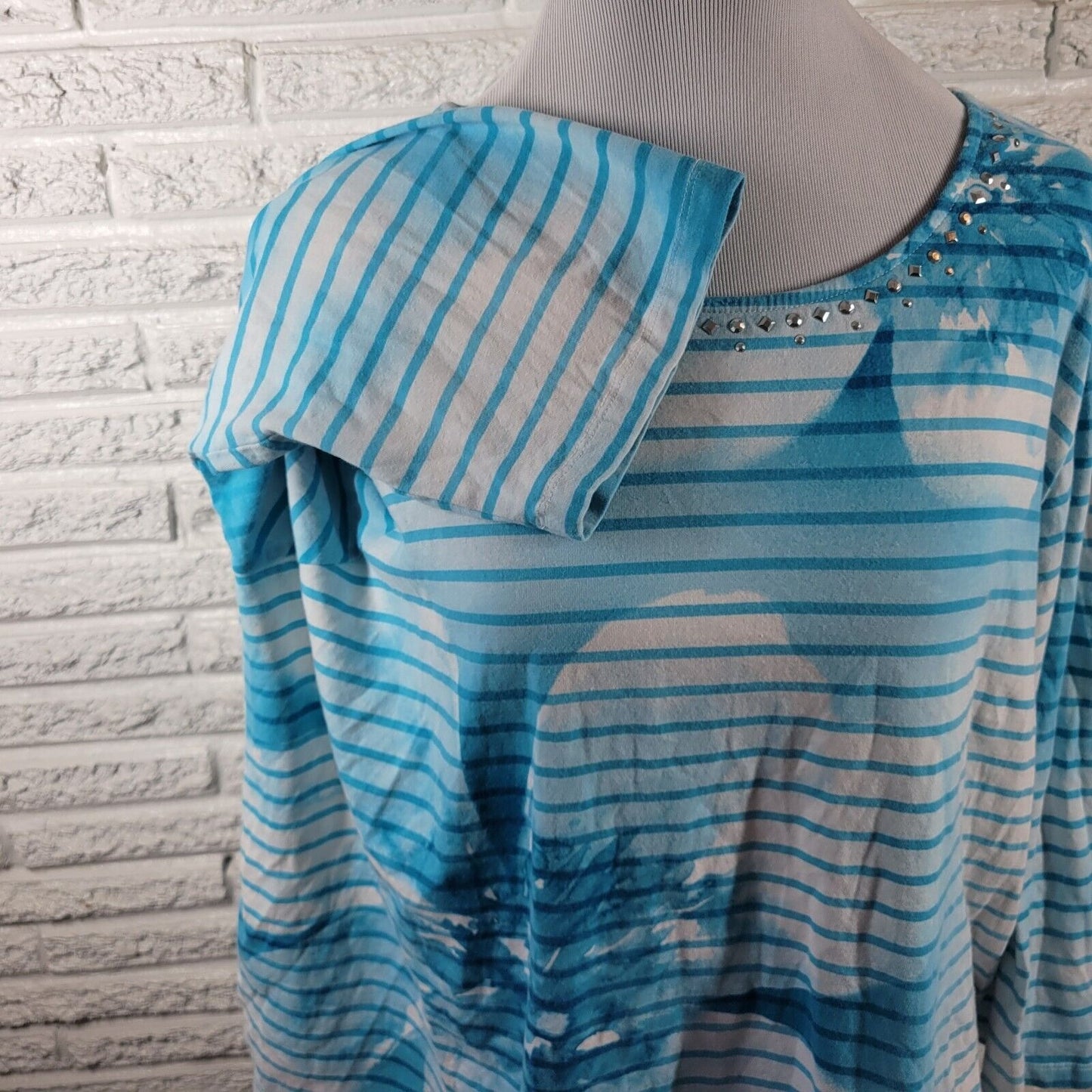Alfred Dunner Womens Top 2X Plus long Sleeve Blue Stripe Studded Cotton Blend