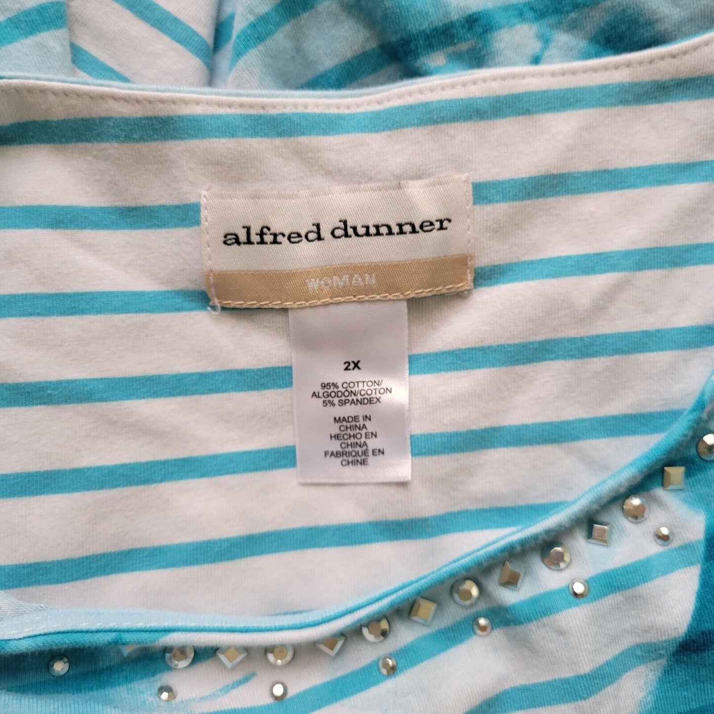 Alfred Dunner Womens Top 2X Plus long Sleeve Blue Stripe Studded Cotton Blend