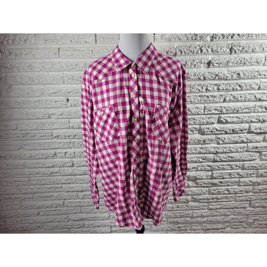 Bit Bridle Womens Top 2X Long Sleeve Purple Plaid Pockets Casual Cotton Collar