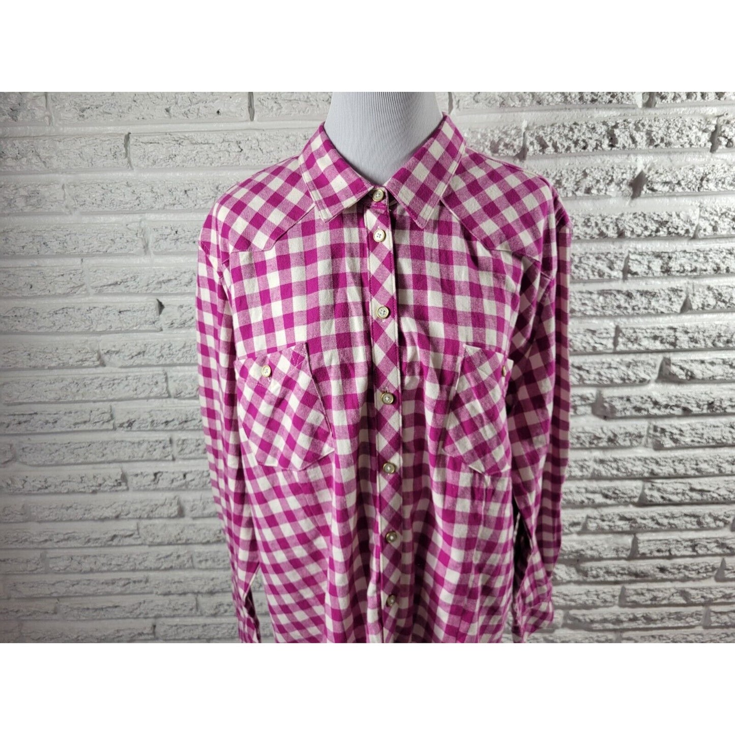 Bit Bridle Womens Top 2X Long Sleeve Purple Plaid Pockets Casual Cotton Collar