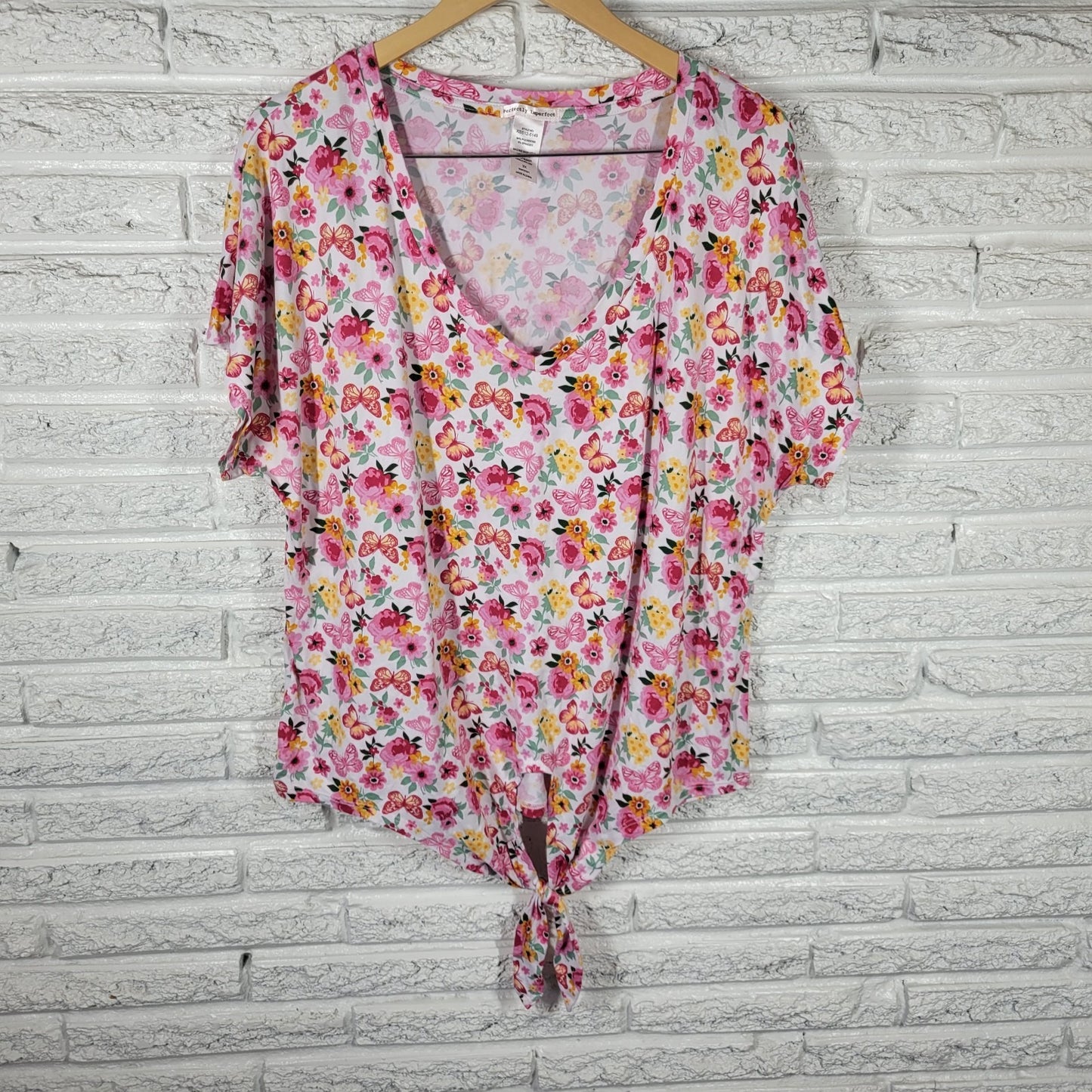 Perfectly Imperfect Women's Plus Size 3X Pink Orange Floral Front Tie V-Neck Tee