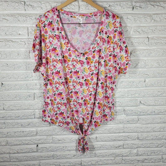Perfectly Imperfect Women's Plus Size 3X Pink Orange Floral Front Tie V-Neck Tee