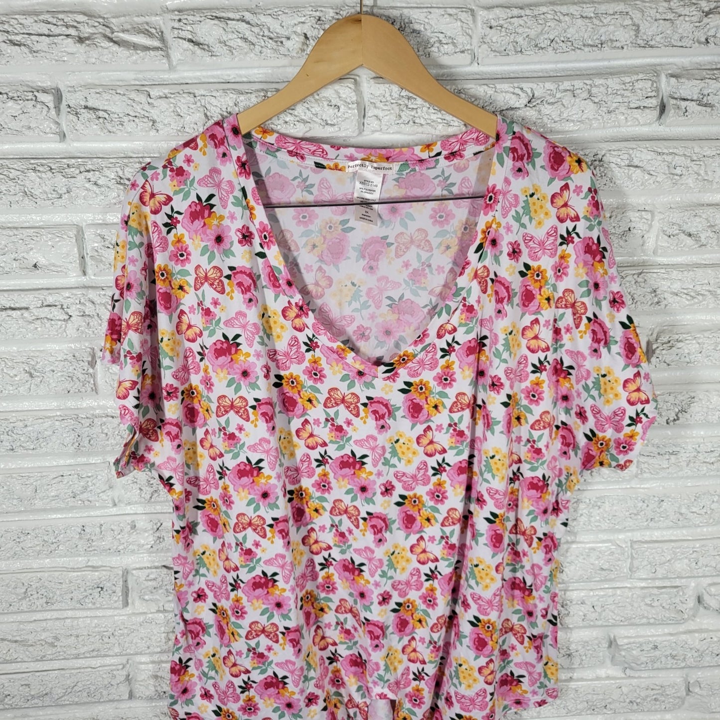 Perfectly Imperfect Women's Plus Size 3X Pink Orange Floral Front Tie V-Neck Tee