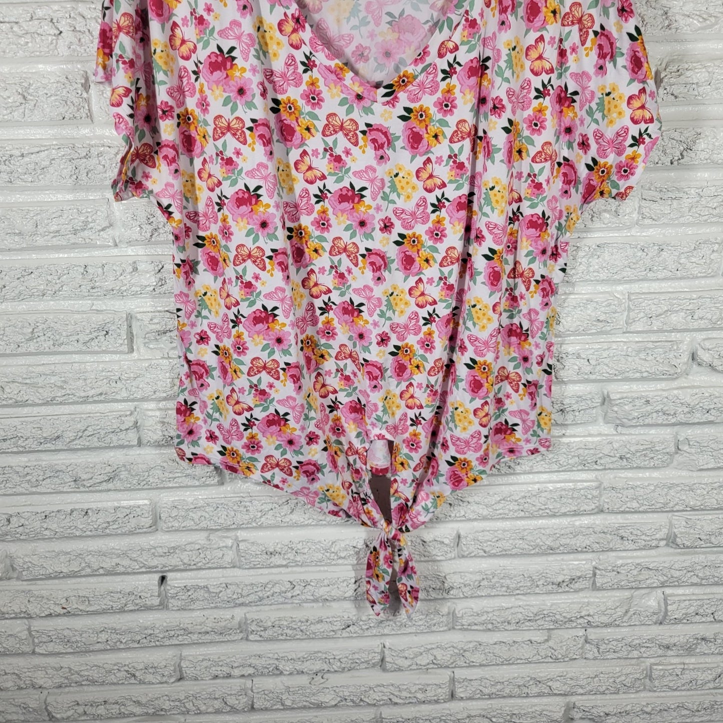 Perfectly Imperfect Women's Plus Size 3X Pink Orange Floral Front Tie V-Neck Tee