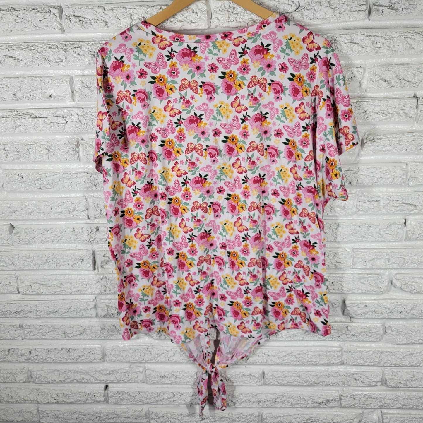 Perfectly Imperfect Women's Plus Size 3X Pink Orange Floral Front Tie V-Neck Tee