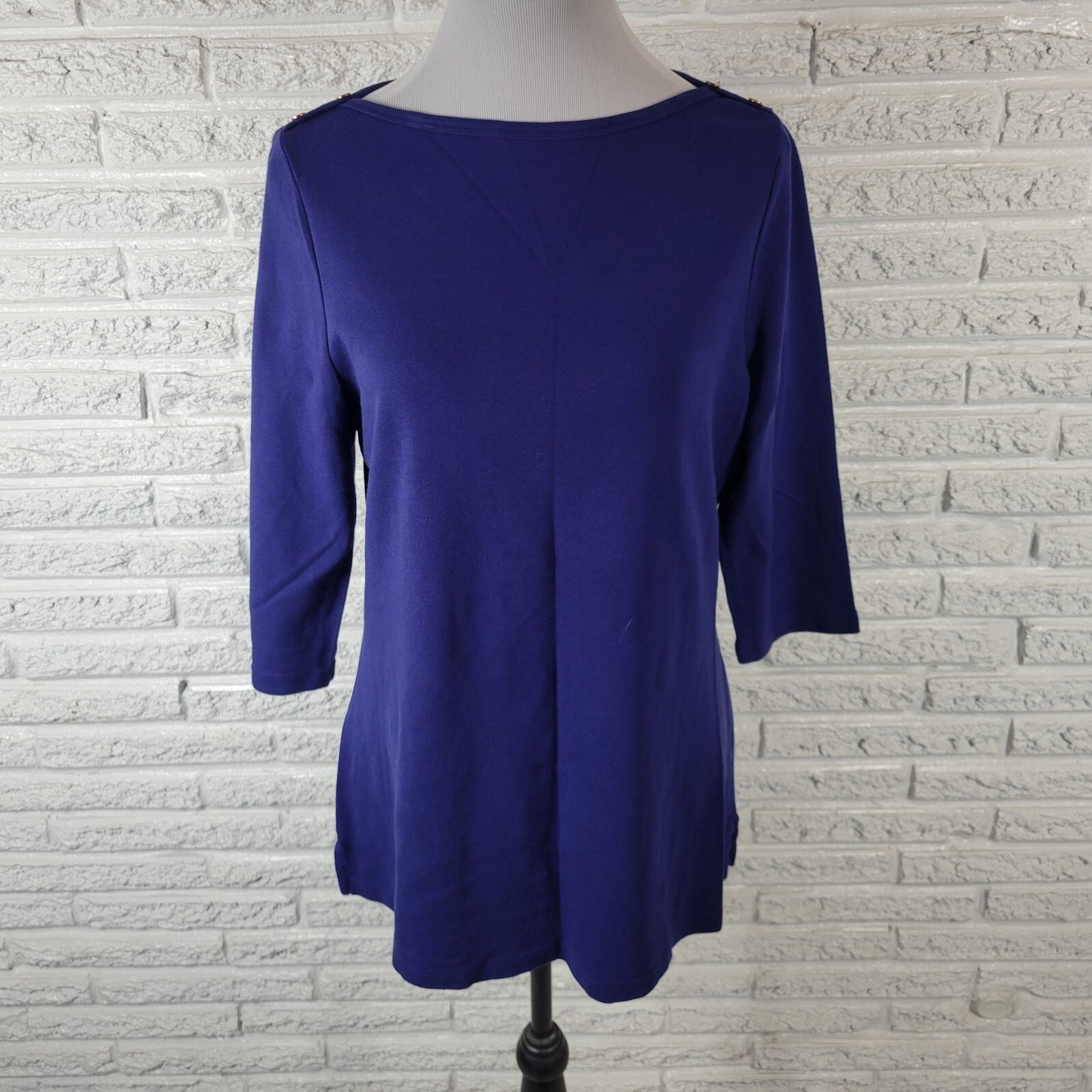 Carole Little Womens Top 1X Plus 3/4 Sleeve Blue Cotton Casual Deco Buttons