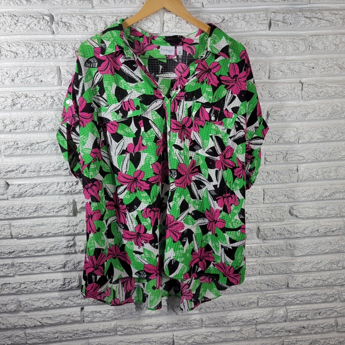 Kim Rogers Women Top 3X Plus Collar Button Up Green Pink Floral Sheer Polyester