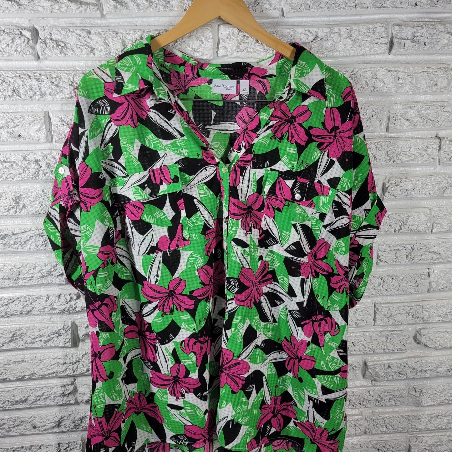 Kim Rogers Women Top 3X Plus Collar Button Up Green Pink Floral Sheer Polyester
