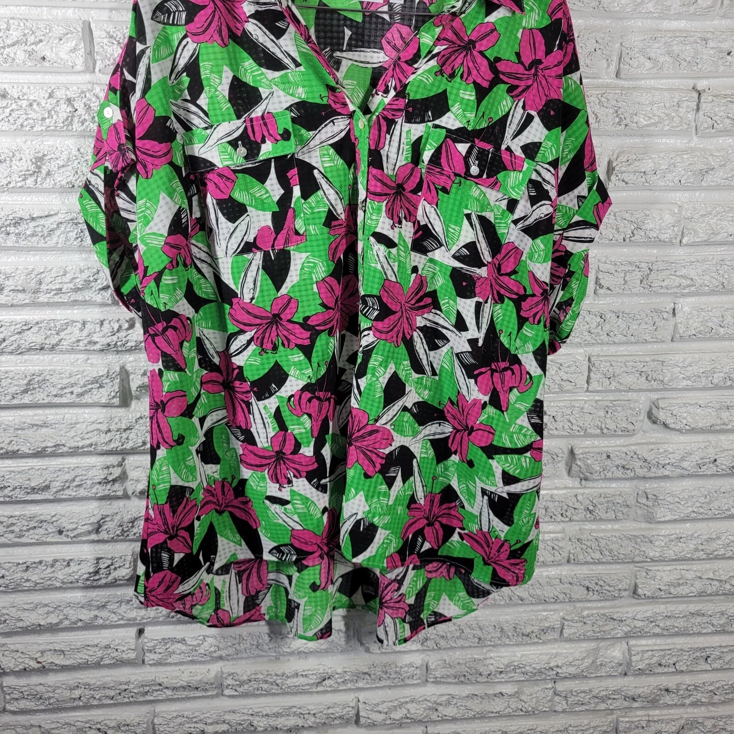 Kim Rogers Women Top 3X Plus Collar Button Up Green Pink Floral Sheer Polyester