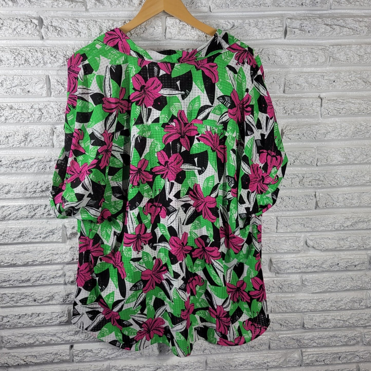 Kim Rogers Women Top 3X Plus Collar Button Up Green Pink Floral Sheer Polyester