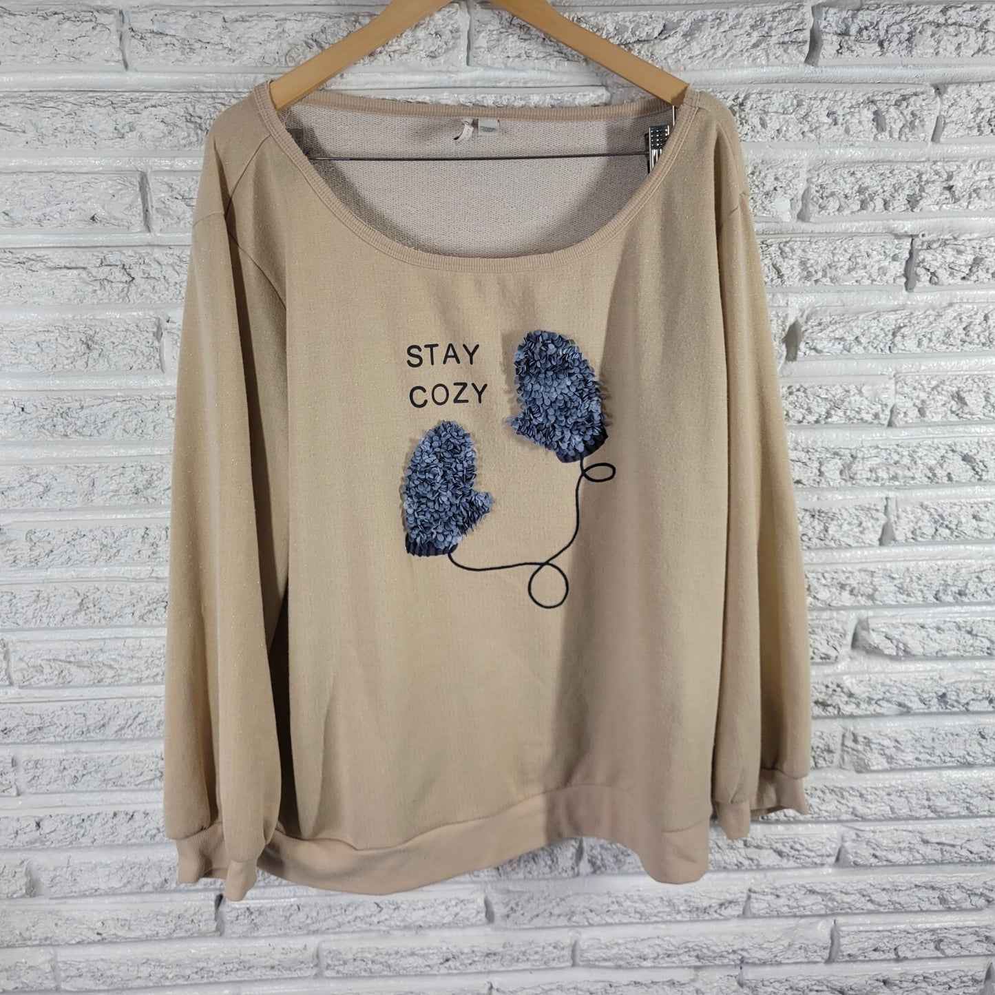 Cato Est 1946 Womens Sweatshirt 22W 24W Plus Beige 3D Mittens Stay Cozy Metallic