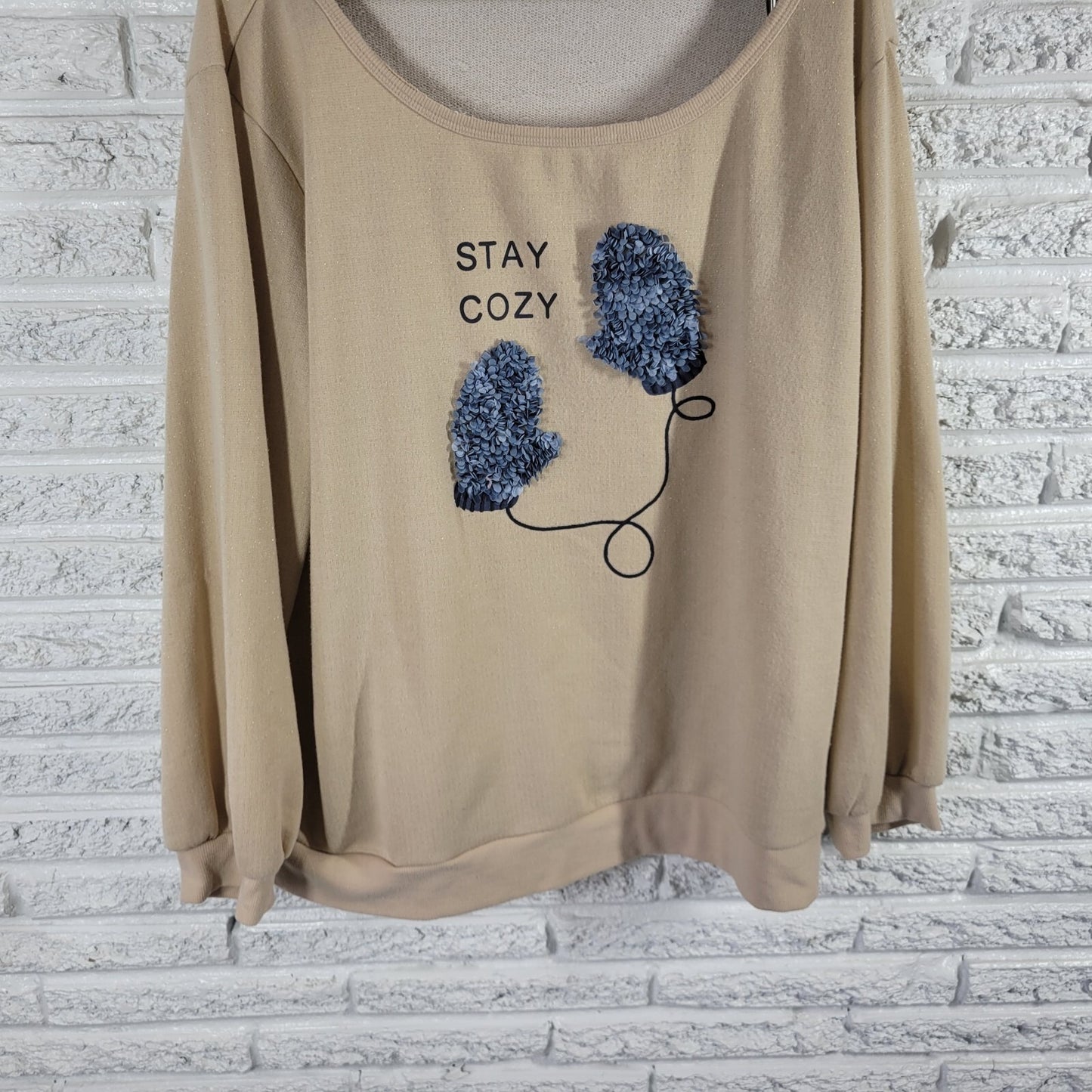 Cato Est 1946 Womens Sweatshirt 22W 24W Plus Beige 3D Mittens Stay Cozy Metallic