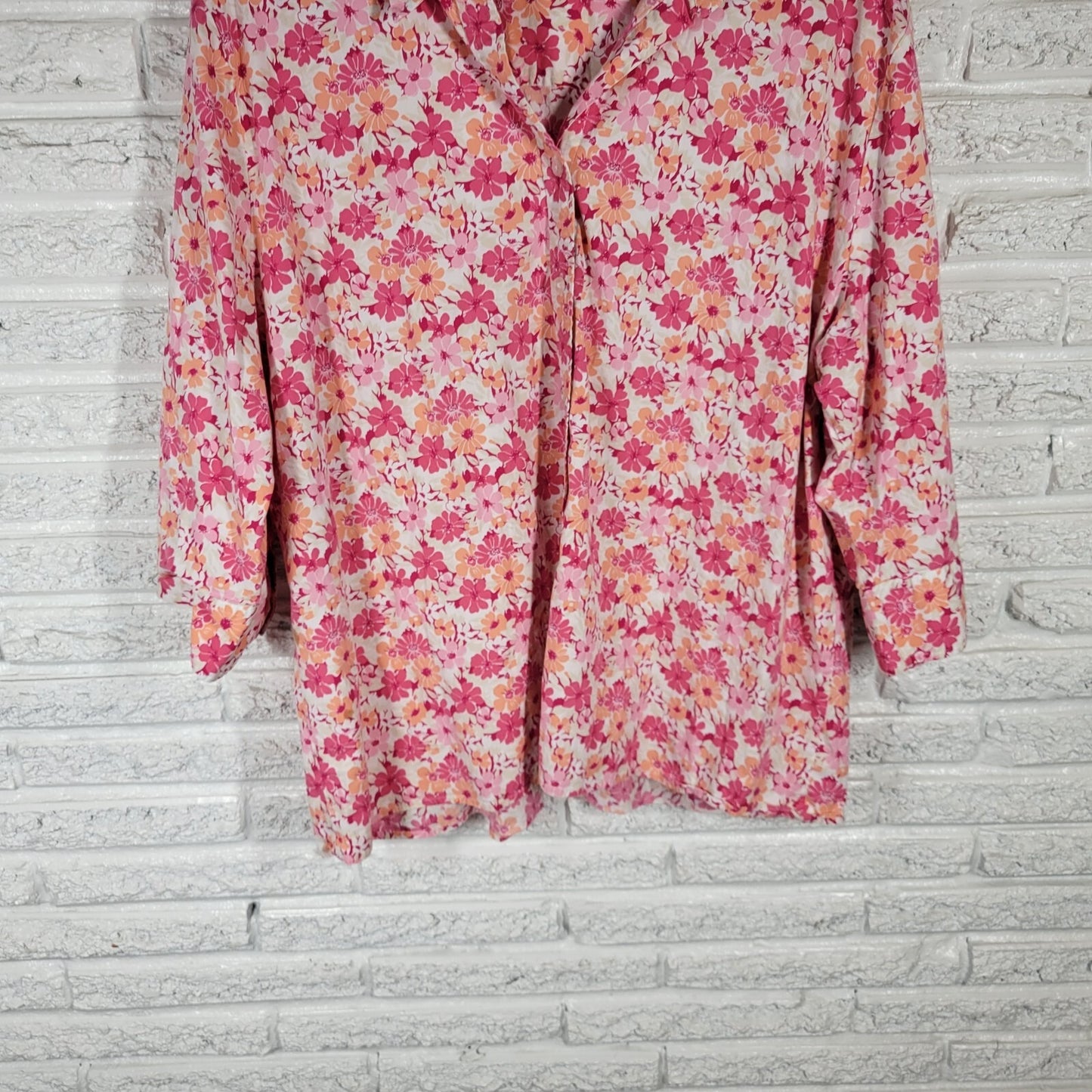 Kim Rogers Womens Top 3X Plus 3/4 Sleeve Pink Orange Floral Casual Button Up