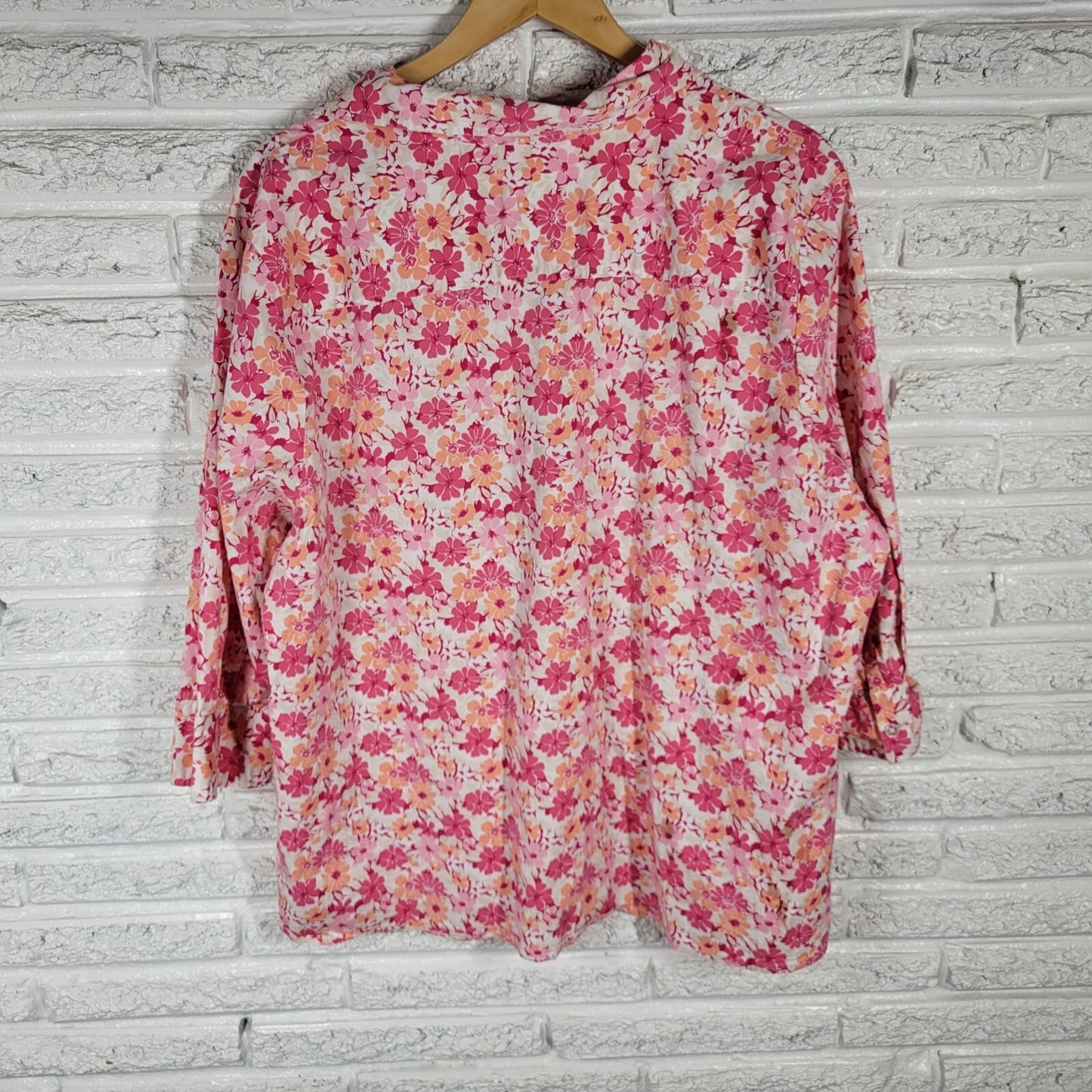 Kim Rogers Womens Top 3X Plus 3/4 Sleeve Pink Orange Floral Casual Button Up