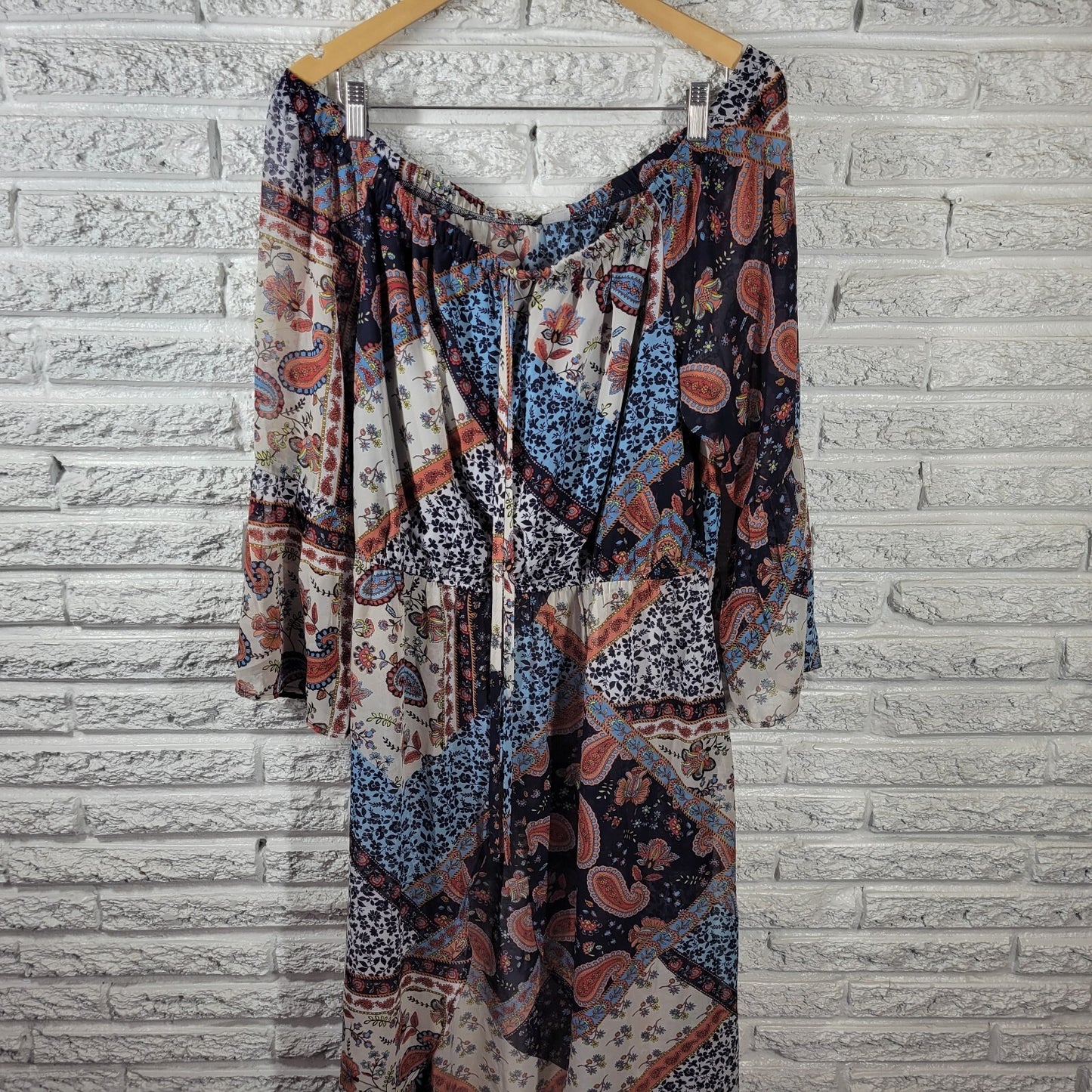 Venus Women Dress 18 Plus Overlay Blue Paisley Sheer Split Front On Off Shoulder