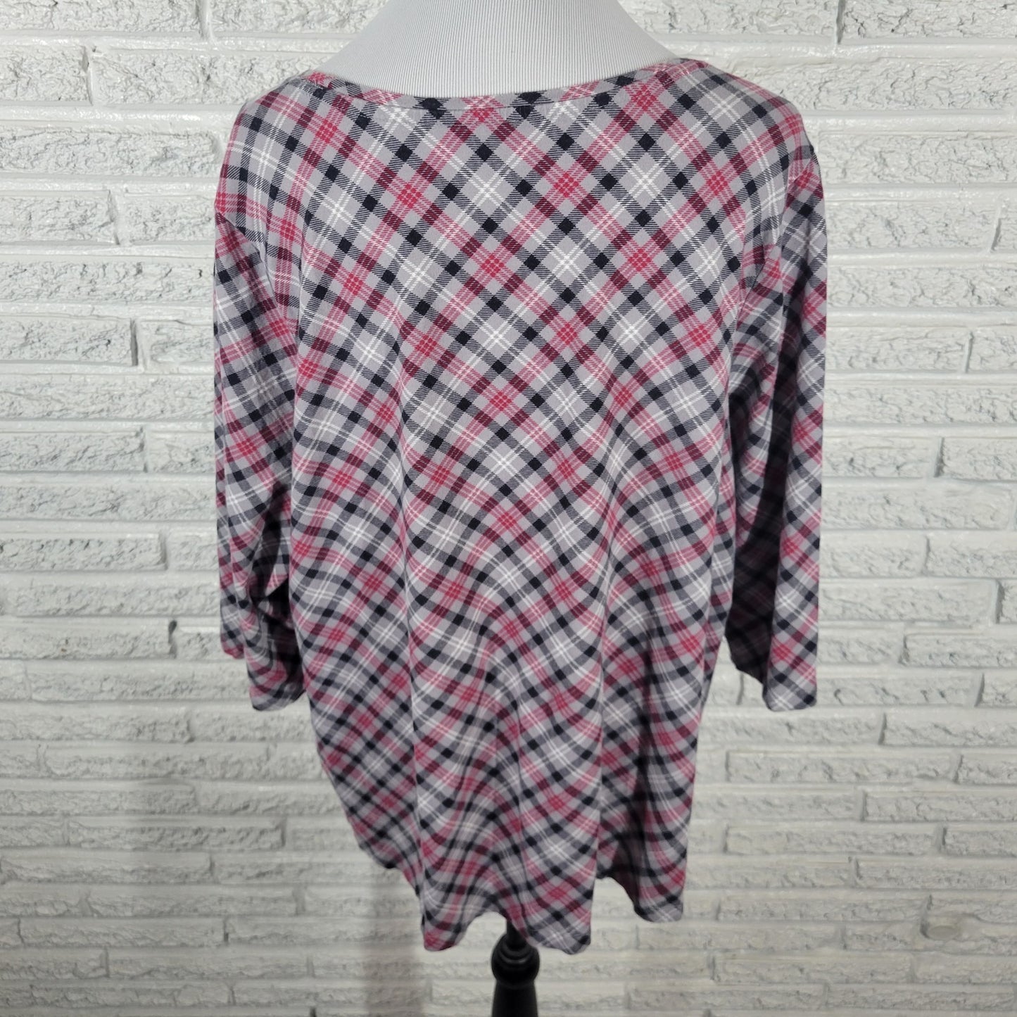 Catherines Womens Top 1X Plus 3/4 Sleeve Gray Red Plaid Casual Cotton Blend