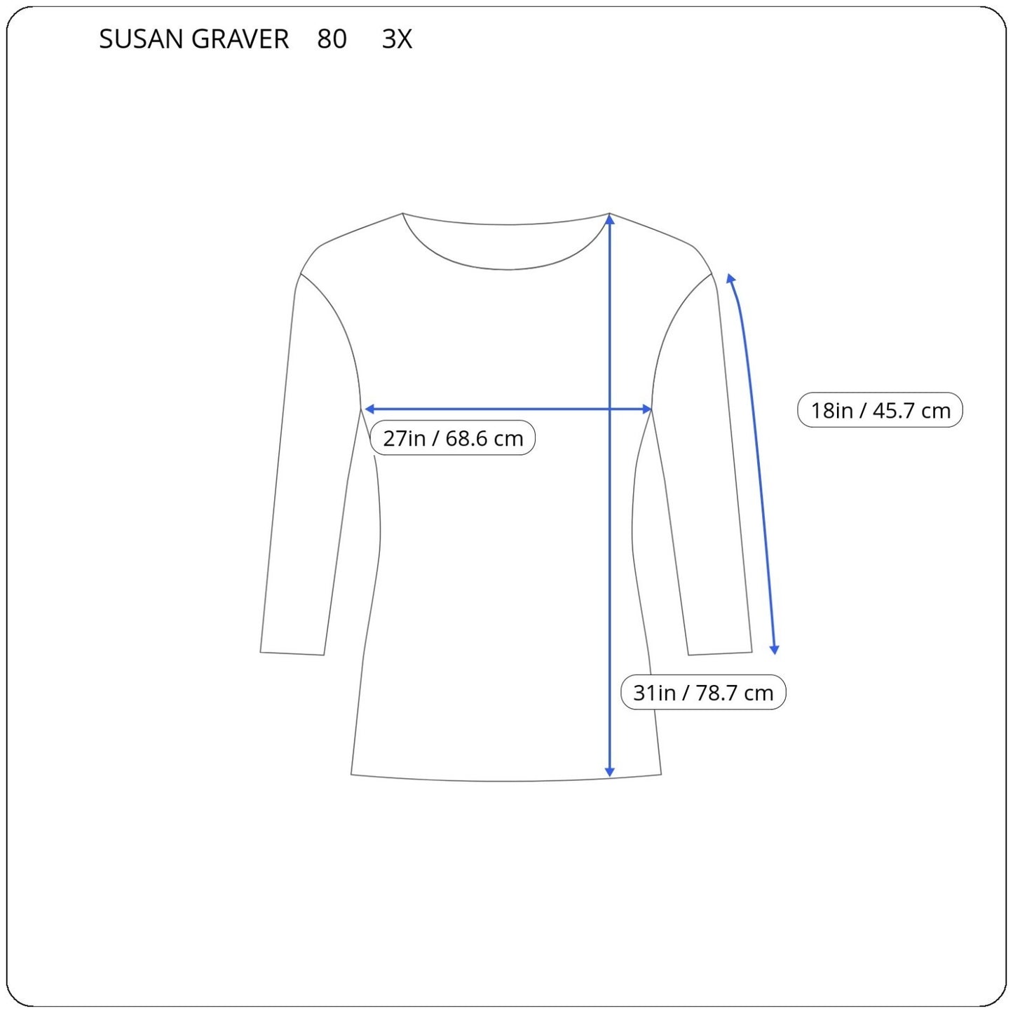 Susan Graver QVC Womens Top 3X Plus Tunic 3/4 Sleeve Blue Stripe Poly Blend