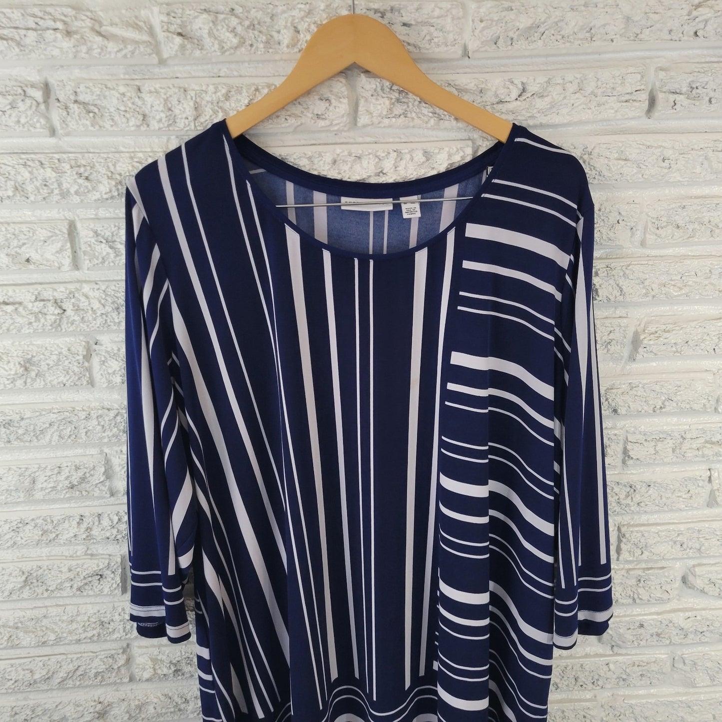 Susan Graver QVC Womens Top 3X Plus Tunic 3/4 Sleeve Blue Stripe Poly Blend
