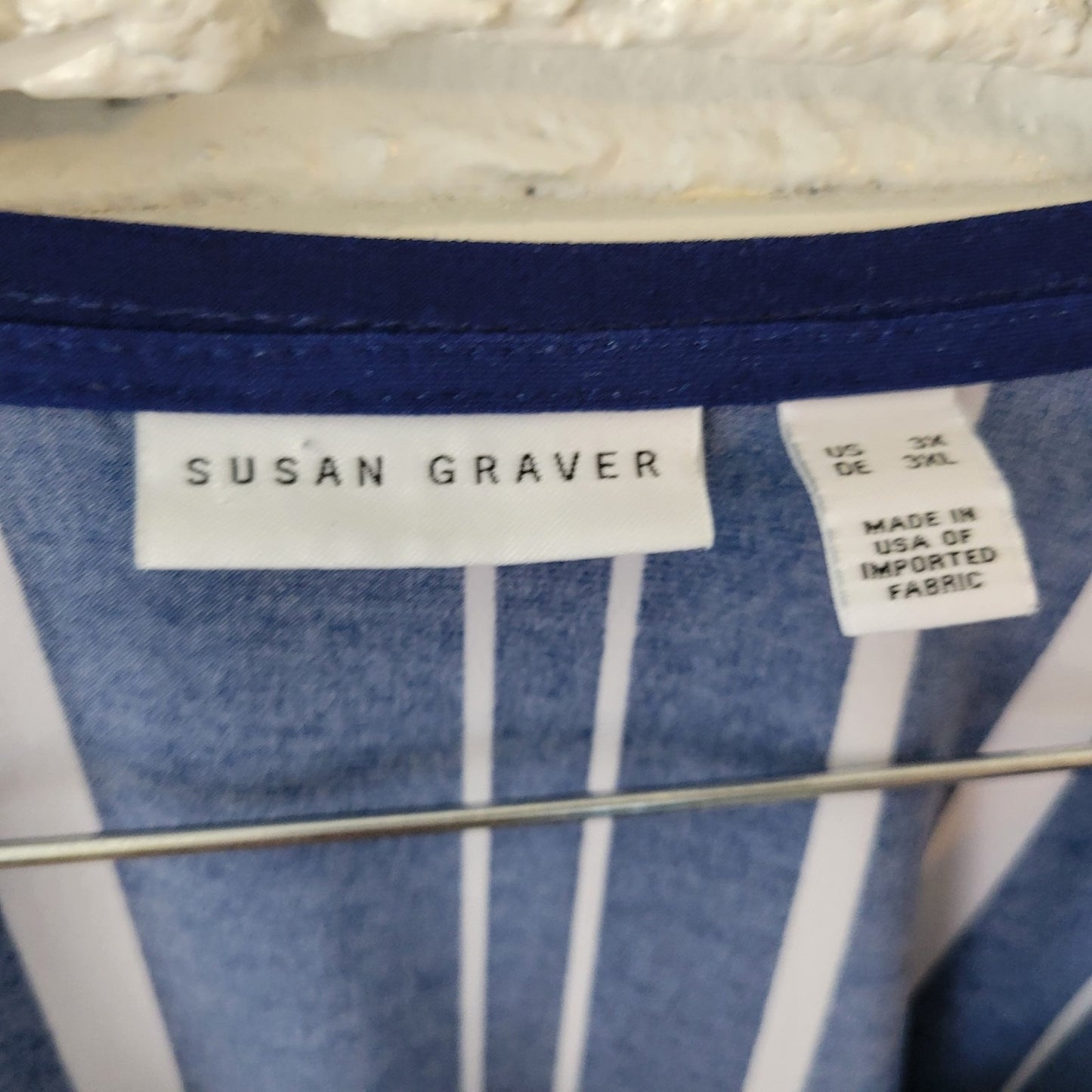 Susan Graver QVC Womens Top 3X Plus Tunic 3/4 Sleeve Blue Stripe Poly Blend