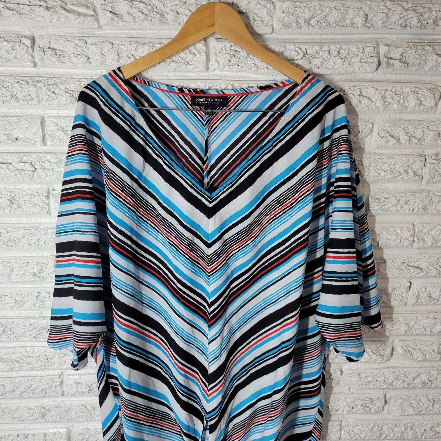 Jones New York Signature Womens Top 3X Dolman Sleeve Blue Red Stripe Lightweight