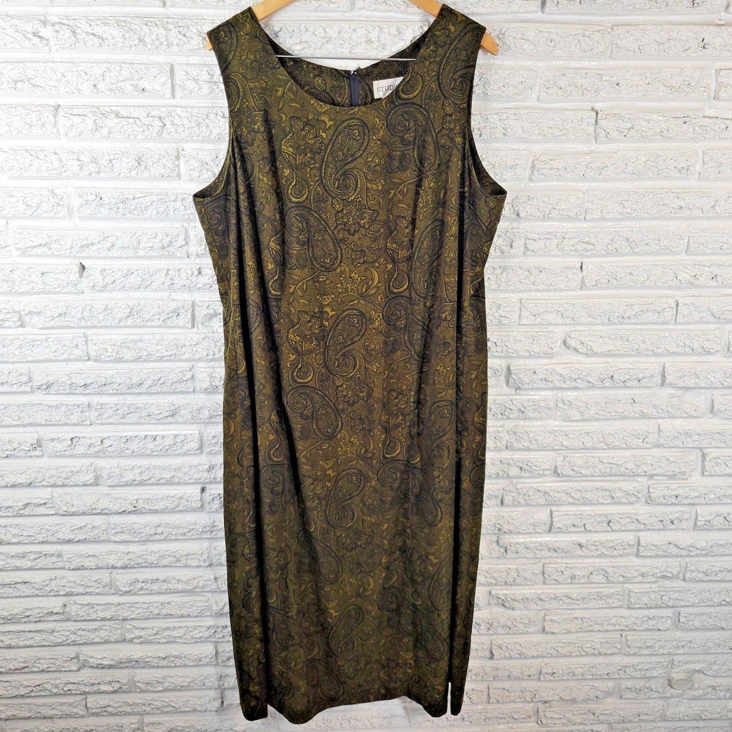 Studio I Womens Dress 22W Plus Shift Midi Sleeveless Green Paisley Zip Career