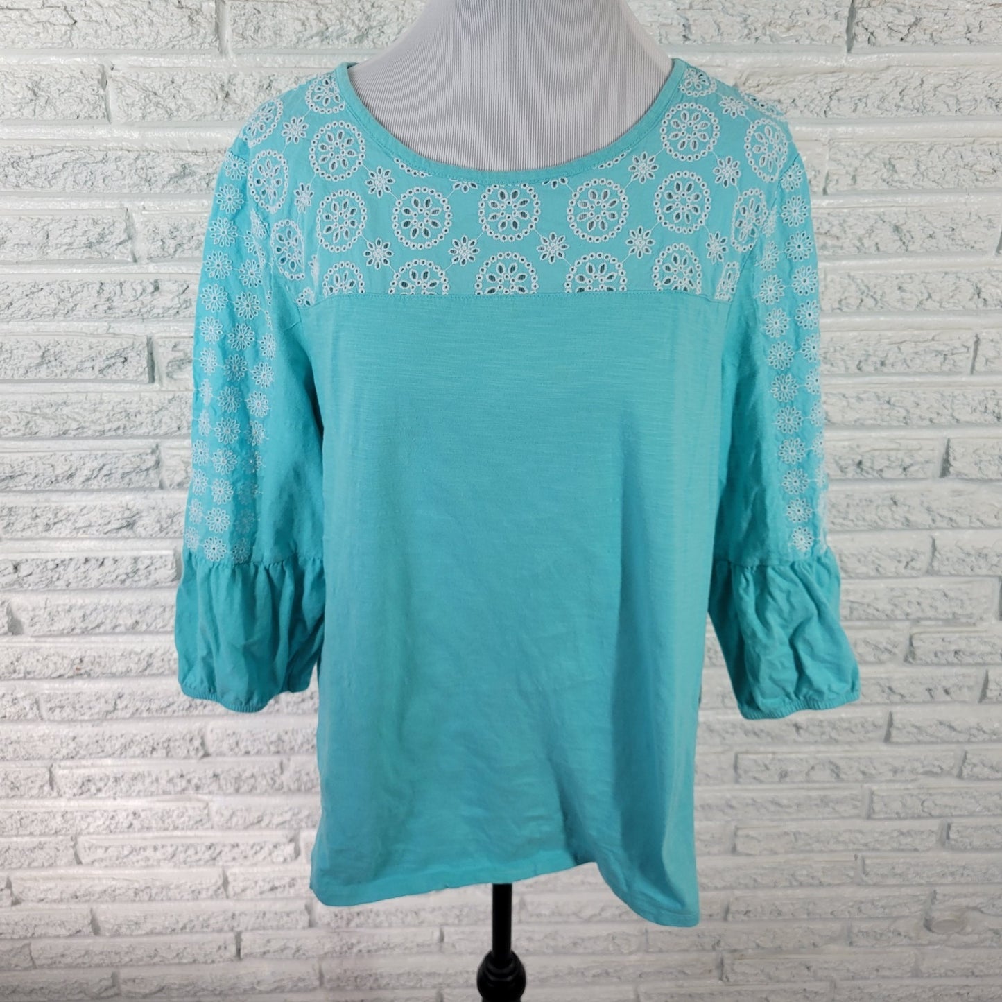 St Johns Bay Womens Top 1X Plus 3/4 Sleeve Blue Cotton Eyelet Lightweight Casual