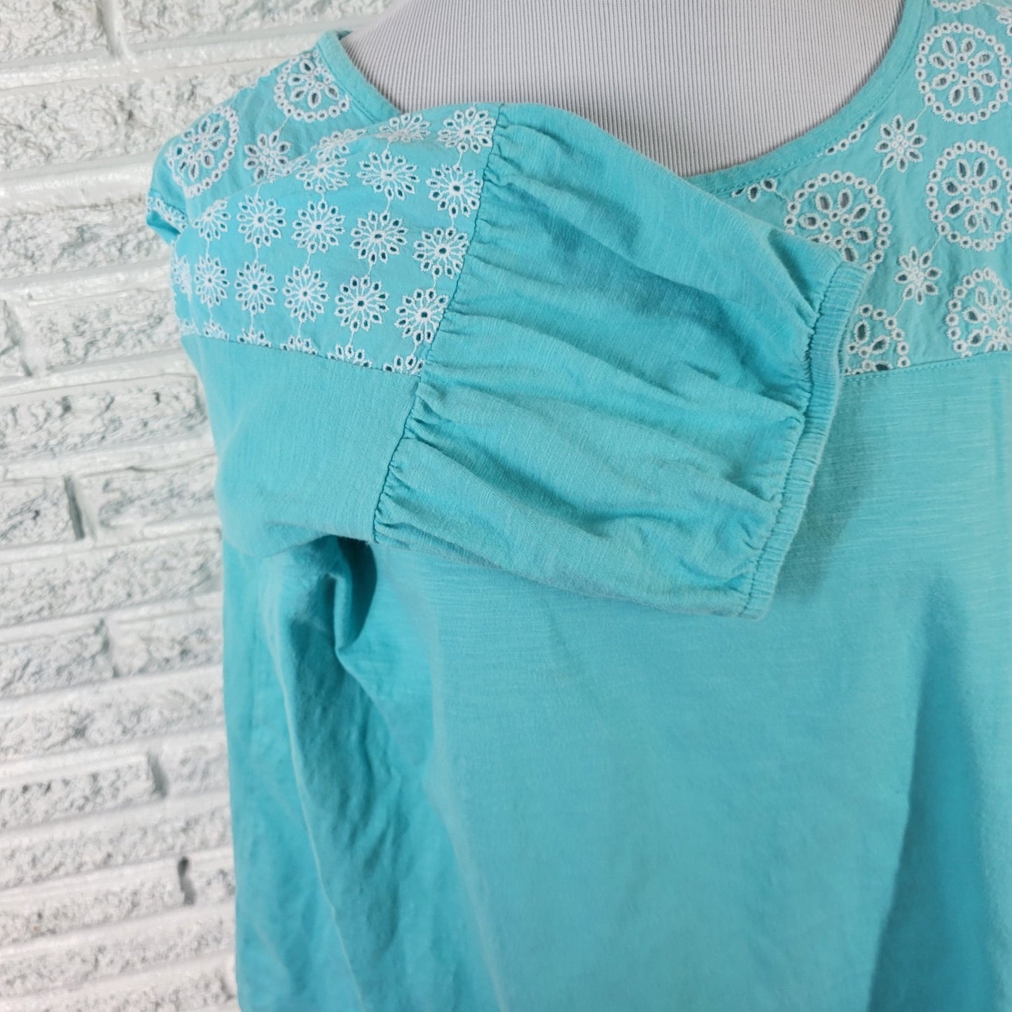 St Johns Bay Womens Top 1X Plus 3/4 Sleeve Blue Cotton Eyelet Lightweight Casual