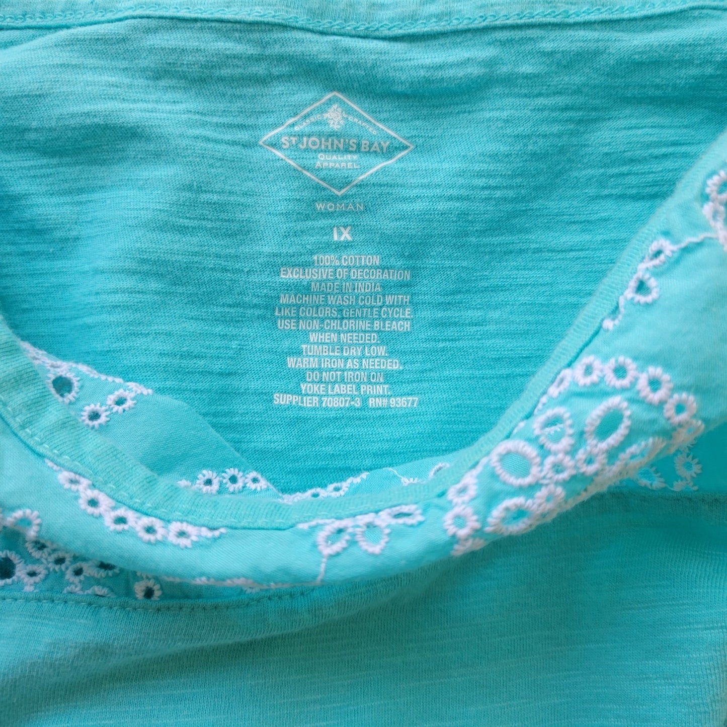 St Johns Bay Womens Top 1X Plus 3/4 Sleeve Blue Cotton Eyelet Lightweight Casual