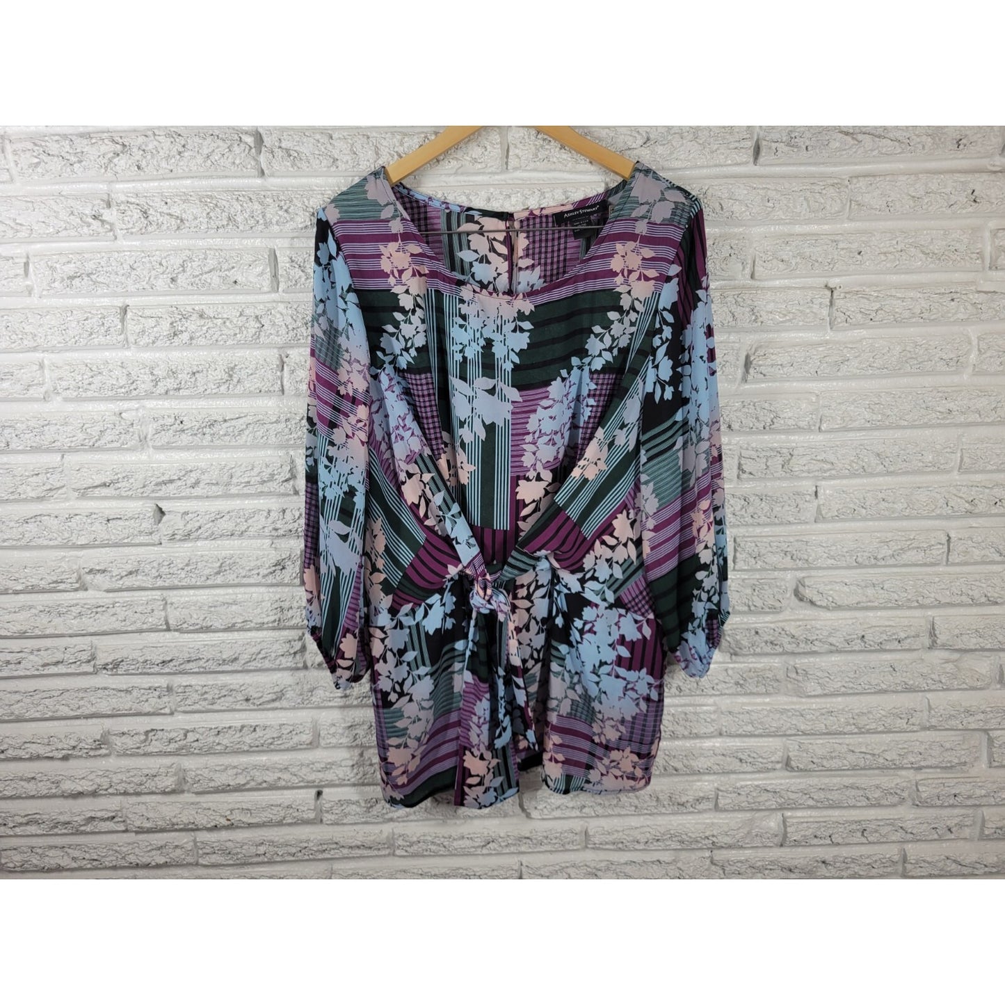 Ashley Stewart Womens Top 18 20 Plus 3/4 Sleeve Tie Purple Floral Sheer Keyhole