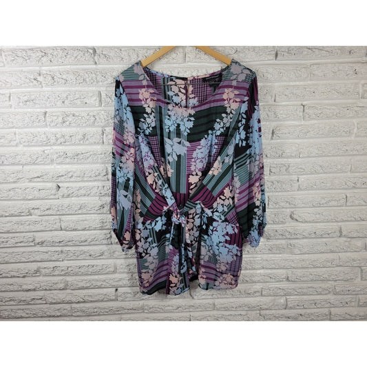 Ashley Stewart Womens Top 18 20 Plus 3/4 Sleeve Tie Purple Floral Sheer Keyhole