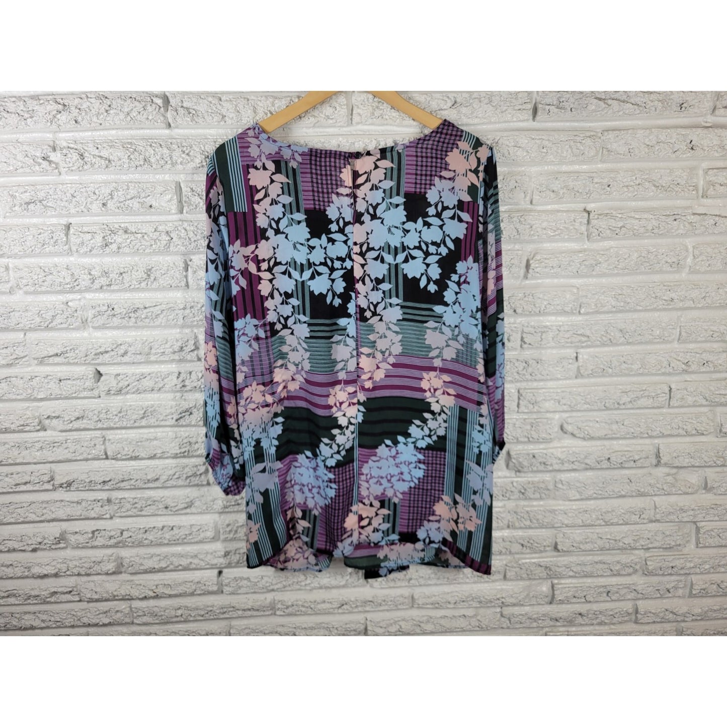 Ashley Stewart Womens Top 18 20 Plus 3/4 Sleeve Tie Purple Floral Sheer Keyhole