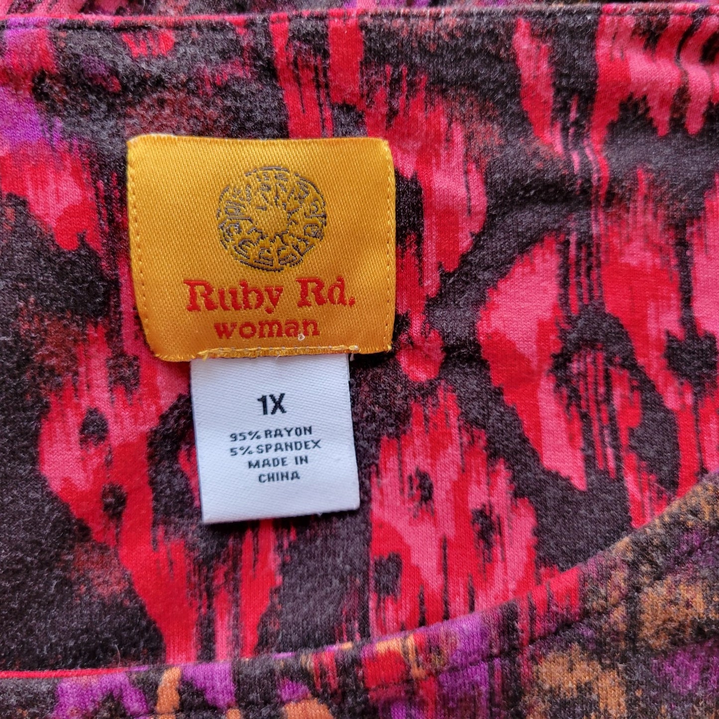 Ruby Rd Womens Top 1X Plus 3/4 Sleeve Pink Brown Watercolor Asymmetric Casual