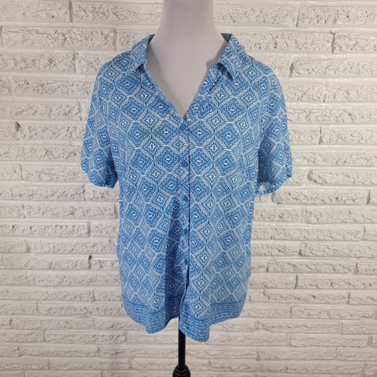 Erika Women's XL Blue White Geometric Collared Button-Up Top Short Sleeve Cotton