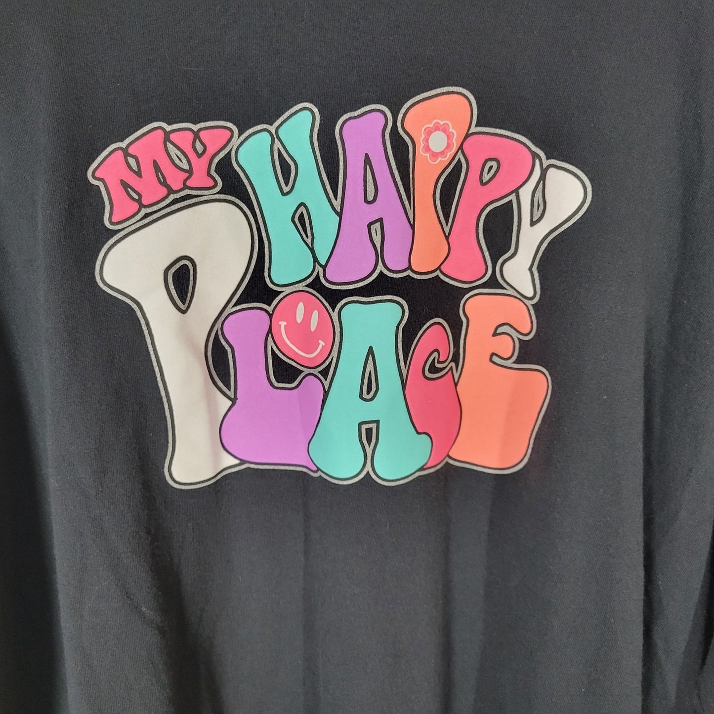 Gildan Womens Top 2XL Plus Tee Long Sleeve Black My Happy Place Retro Hippie