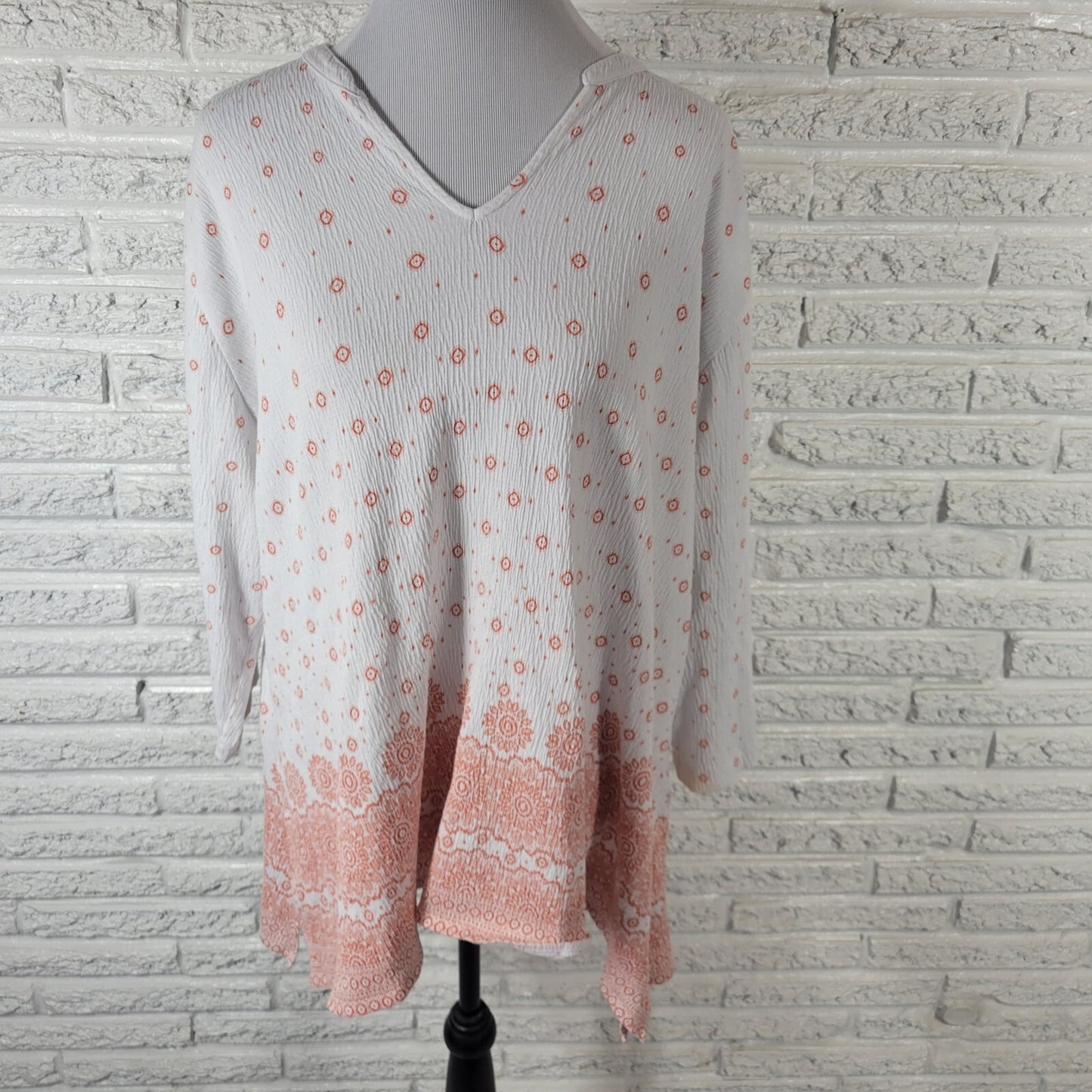 Blue Mountain Womens Top 2X Plus 3/4 Sleeve Orange Geometric Crinkle Crepe Comfy