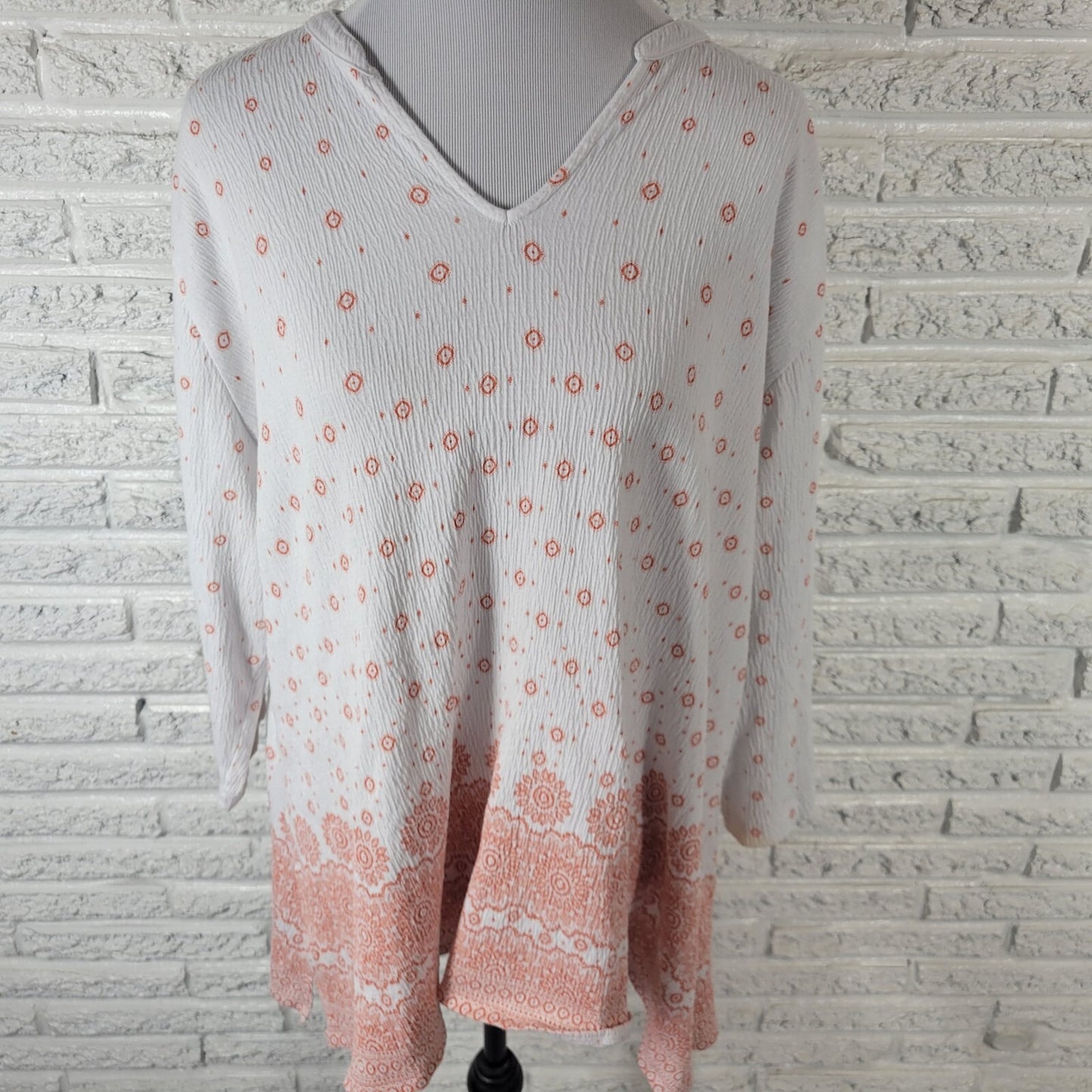 Blue Mountain Womens Top 2X Plus 3/4 Sleeve Orange Geometric Crinkle Crepe Comfy