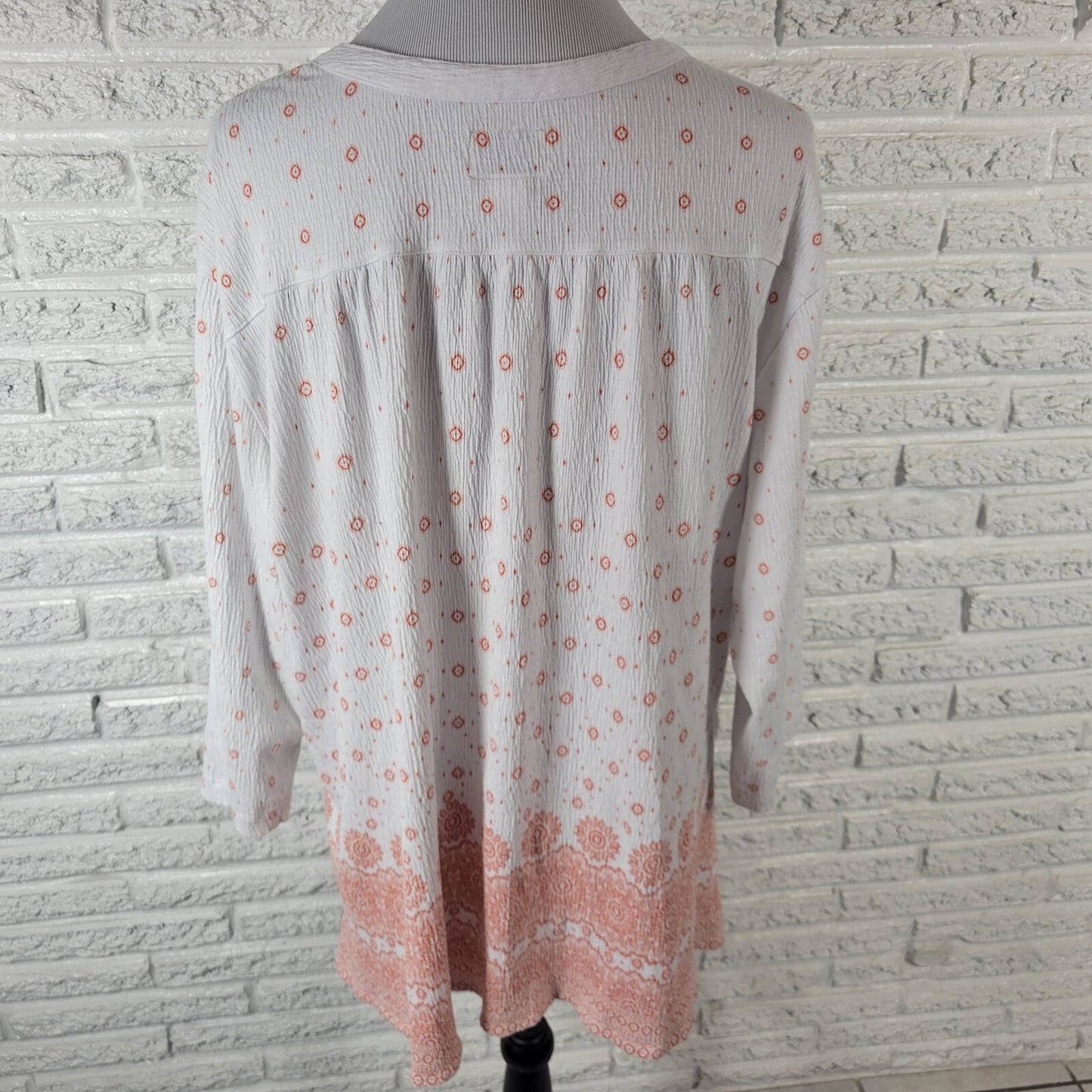 Blue Mountain Womens Top 2X Plus 3/4 Sleeve Orange Geometric Crinkle Crepe Comfy