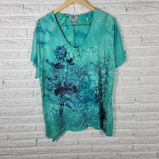 Sienna Grace Womens Top 3X Plus Tee Short Sleeve Blue Floral Comfy Rhinestone