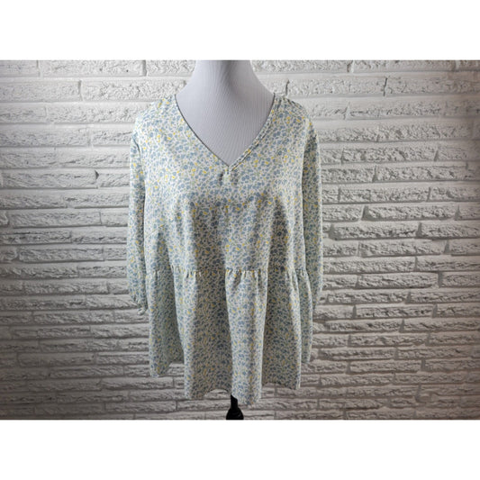 Agnes Orinda Womens Top 2X Plus 3/4 Sleeve Blue Floral Polyester Pullover Casual